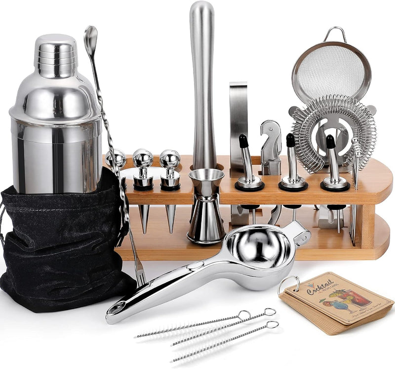 24-Piece Cocktail Shaker Bartender Kit with Stand, 24 oz Martini Shaker, Mixing Spoon, Muddler, Measuring Jigger, Lemon Squeez, Tongs, Corkscrew, Liquor Pourers and More Professional Bar Tools