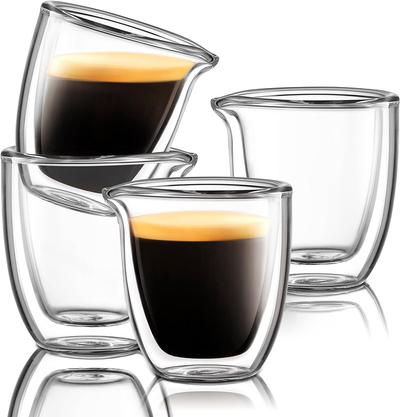 Pouring Espresso Cups Set of 4 - Glass Espresso Cups Shot Glass with Spout 2.7 OZ - Double Espresso Cups - Small Doppio Double Walled Clear Espresso Cups - Expresso Coffee Cup - Espresso Accessories