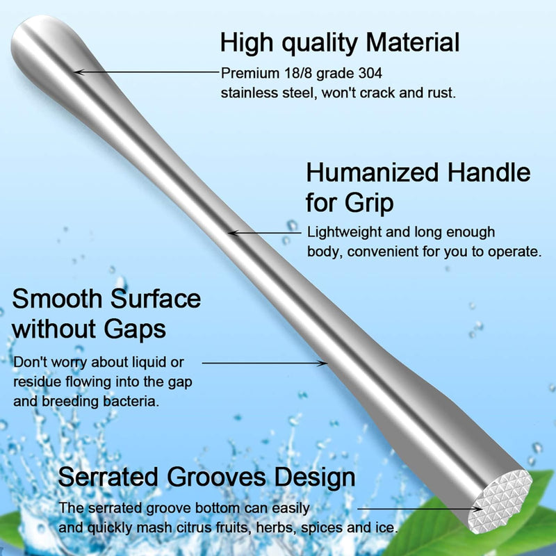 Cocktail Muddler 11.2 Inch and Bar Spoon 11.6 Inch, Briout Extended Muddler Set Stainless Steel Home Bar Tool for Making Delicious Cocktails Drinks Juice