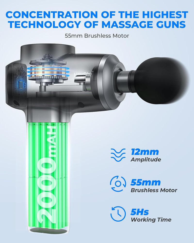 HEYCHY Deep Tissue Massage Gun 2X Powerful for Athletes, Super Quiet 35dB Handheld Percussion Massager with OLED Display, Portable Carry Case for Muscle, Back and Neck Pain Relief Therapy