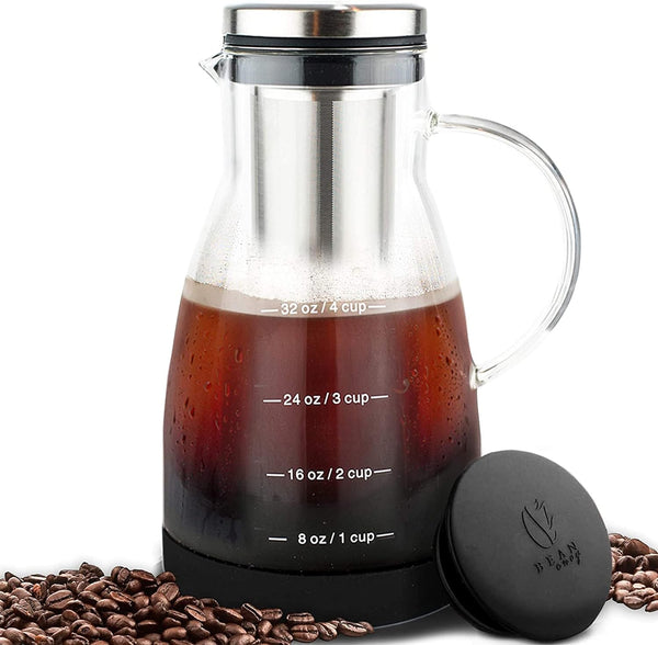 Bean Envy Cold Brew Coffee Maker - 32 oz Glass Iced Tea & Coffee Cold Brew Maker and Pitcher w/Silicone Cap & Base