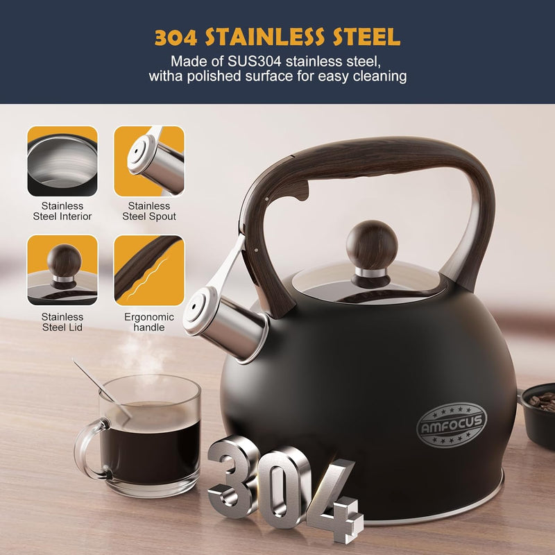 Tea Kettle Whistling Teapot for Stovetop - 2.64 Quart Food Grade Stainless Steel Tea Pot for Stove Top with Wood Pattern Handle, Loud Whistle Kettle for Tea, Coffee, Milk - Black