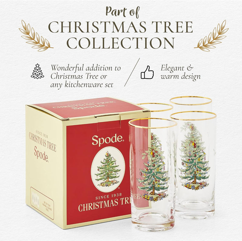 Spode Christmas Tree Glassware - Set of 4 -Made of Glass – Gold Rim- Classic Drinkware - Gift for Christmas, Holidays, or Wedding - Drinking Glasses (Highballs)