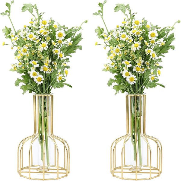 Small Gold Flower Glass Bud Test Tube Vase Set of 2 - Modern Geometric Decorative Plant Stands for Home Weddings and Office Tables