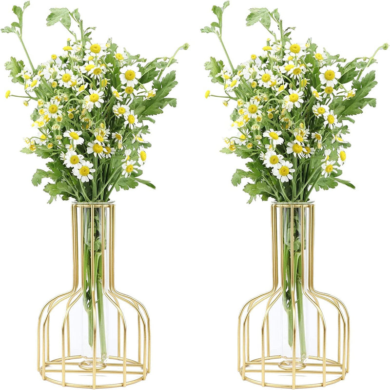 Small Gold Flower Glass Bud Test Tube Vase Set of 2 - Modern Geometric Decorative Plant Stands for Home Weddings and Office Tables