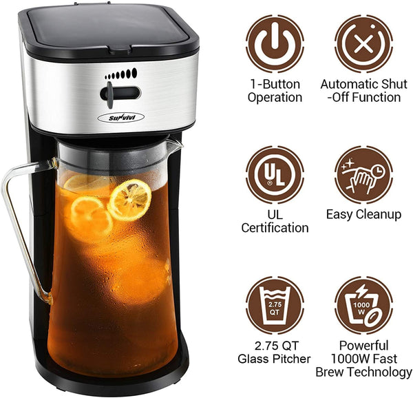 Tea Maker, Iced Coffee Maker, Iced Tea Maker with 88 Ounce Glass Pitcher, Tea Makers for Iced Tea, Lattes, Lemonade and Flavored Water, Sliver