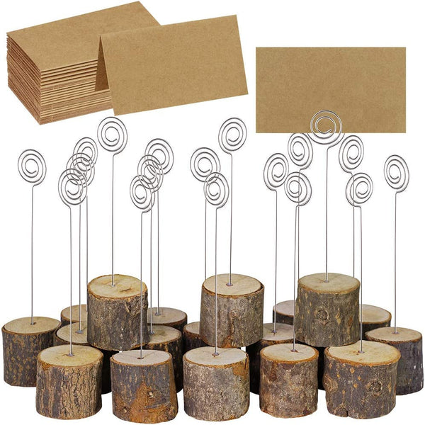 20 Pcs Rustic Wood Place Card Holders with Swirl Wire Wooden Bark Memo Holder Stand Card Photo Picture Note Clip Holders 5.8" and Kraft Place Cards Bulk for Wedding Party Table Number Name Sign