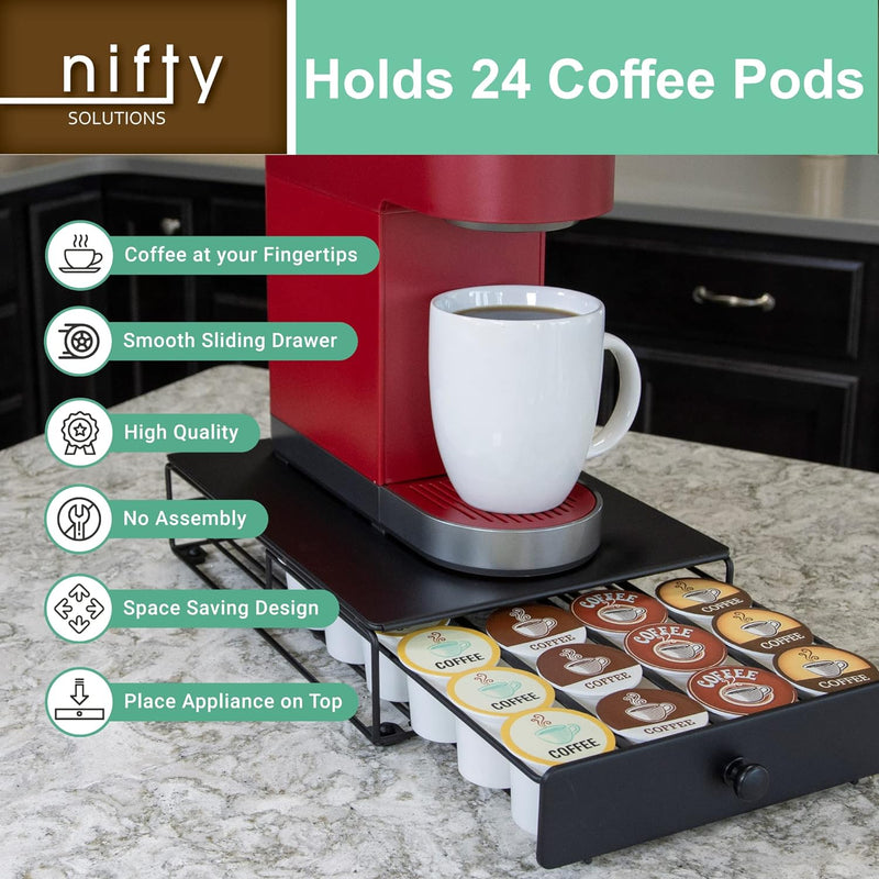 Nifty Coffee Pod Mini Drawer – Black Finish, Compatible with K-Cups, 24 Pod Pack Holder, Non-Rolling, Under Coffee Pot Storage, Sliding Drawer, Home Kitchen Counter Organizer