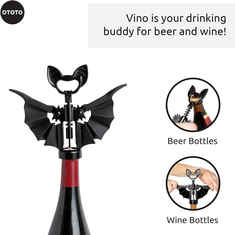 OTOTO Vino Spooky Bat Wine Opener - 2-in-1 Wine & Beer Opener, Corkscrew & Bottle Opener - Wine Accessories & Gifts for Wine Lovers