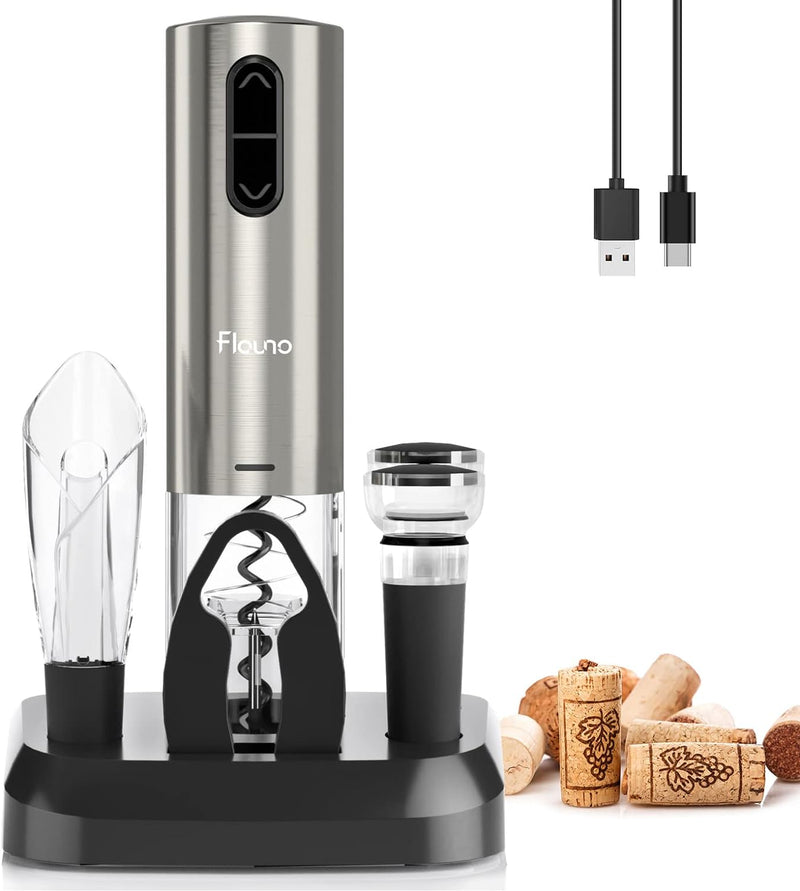 Flauno Electric Wine Opener Rechargeable - Automatic Wine Bottle Opener, Electric Corkscrew Wine Opener with Foil Cutter, Vacuum Wine Stopper, Wine Aerator Pourer, USB C Charger, Wine Gift Set