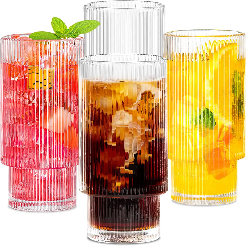 Lvtrupc 10Pcs Ribbed Glass Cups - Highball Glasses & Small Water Drinking Glasses, Vintage Fluted Glassware Sets for Iced Coffee Whiskey Cocktail, Unique Cute Gifts with Straws & Cleaning Brush