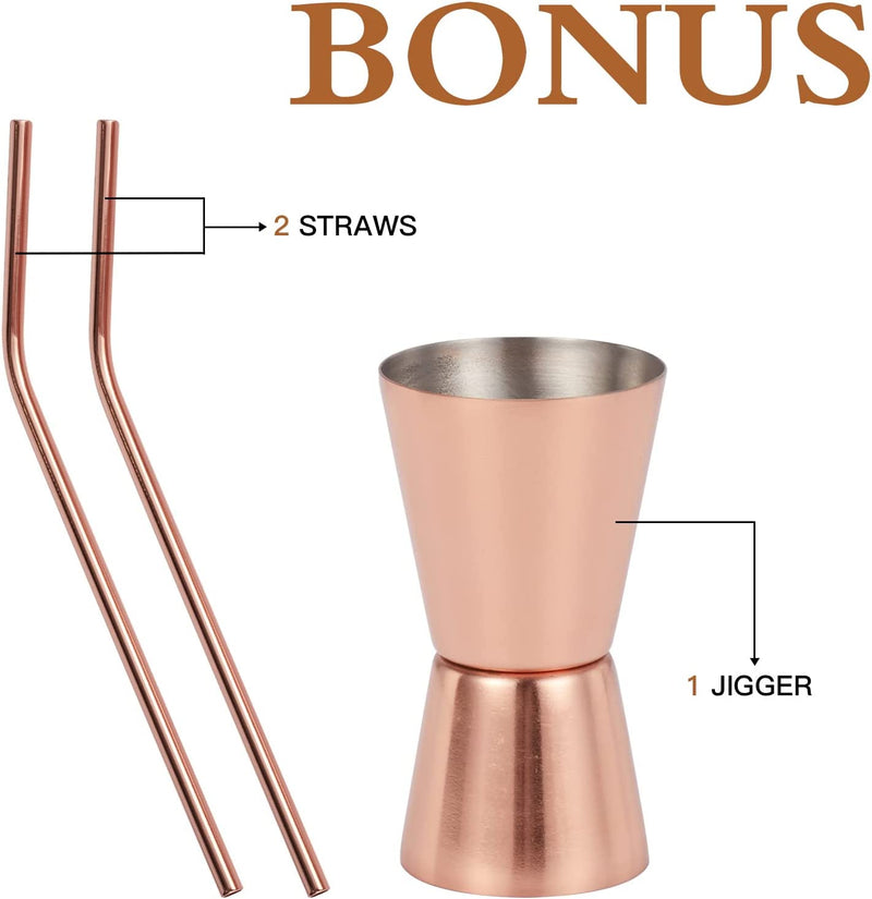 Moscow Mule Mugs Set of 2 - Hammered Moscow Mule Mugs Drinking Cup Stainless Steel Lining with 2 Straws-1 Jigger-Great Dining Entertaining Bar Gift Set (Mug Set of 2 double jigger included)