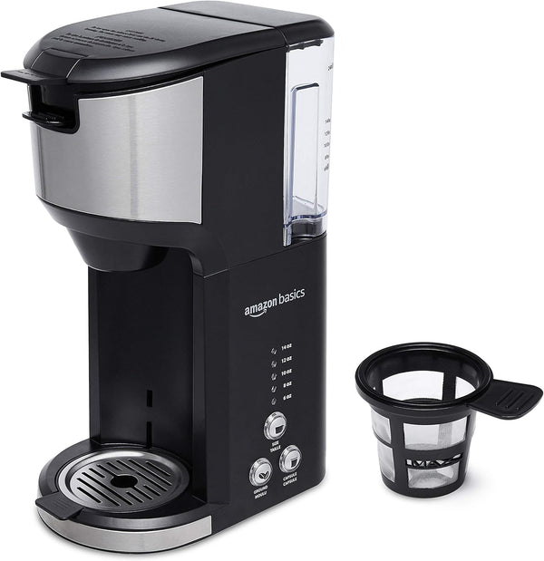 Amazon Basics Drip Coffee Maker with K-Cup, 14 Oz, Black and Stainless steel, 5.98"D x 9.44"W x 14.17"H