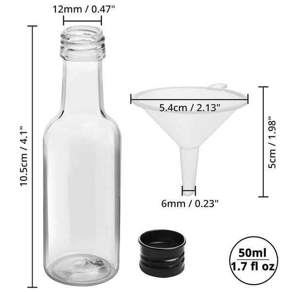 Belle Vous Mini Liquor Bottles (24 Pack) - Reusable Plastic 50ml (1.7 fl oz) Empty Spirit Bottle with Black Screw Cap, Liquid Funnel for Easy Pouring, Filling - Miniature Bottles for Weddings, Parties