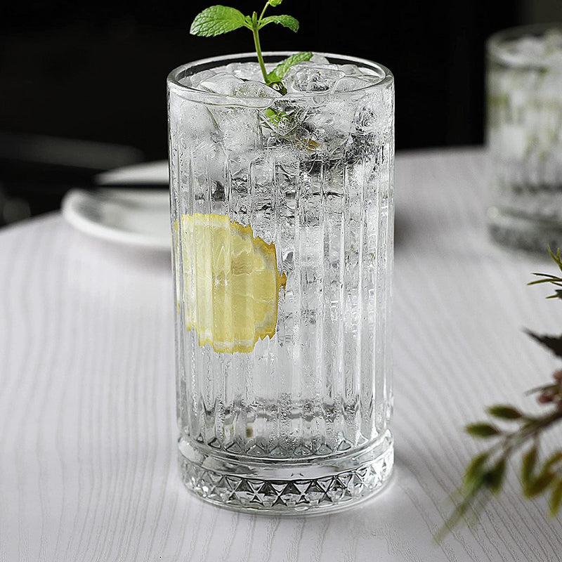 LUXU Highball Glasses 14 fl.oz,Set of 6, Lead-free Drinking Glasses with Heavy Base,Premium Collins Tumblers for Water/Juice/ Cocktails/Beverages,Beautiful Striped Look Glassware,Dishwasher Safe