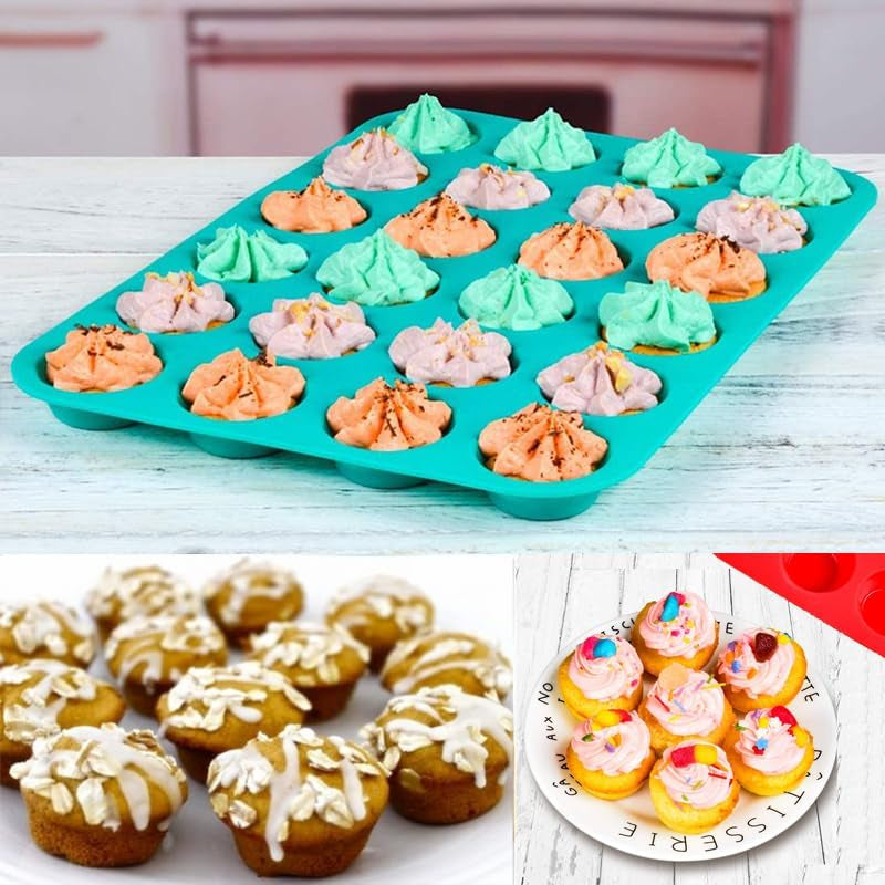 Mini Muffin &Cupcake Set, 24 Cups 2-Pieces, Nonstick Silicone Baking Pan, BPA Free and Dishwasher Safe, Great for Making Muffin Cakes, Tart, Bread (24 Cups Red,2 PCS)