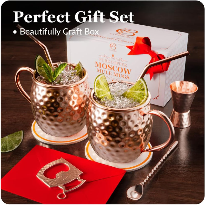 copper-bar Moscow Mule Copper Mugs | Set of 2 Hammered Cups | 100% HANDCRAFTED Pure Solid Copper | Gift Set With Cocktail Straws | Shot Glass | Coasters | Copper Stirrer & Beer opener