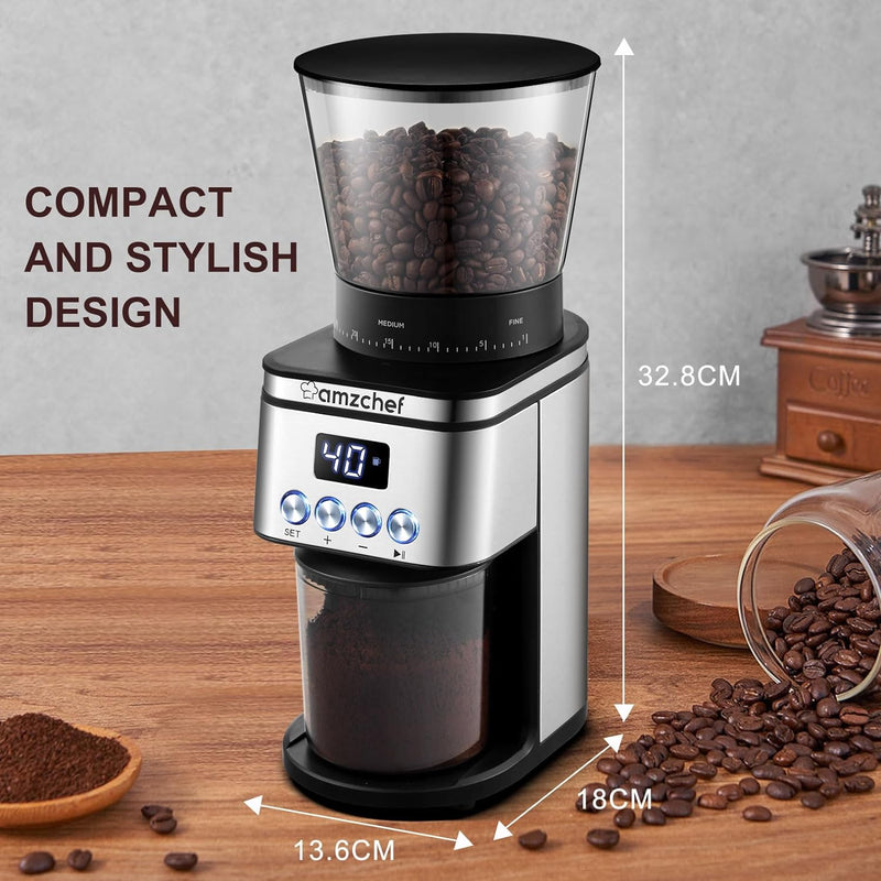 Burr Coffee Grinder, AMZCHEF Electric Coffee Bean Grinder with 30 Precise Settings, Anti-Static Espresso Coffee Grinder, Adjustable Burr Grinder for 1-14 Cups or 1-56 Seconds