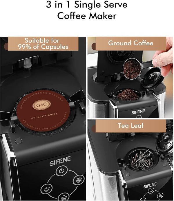 SIFENE Single Serve Coffee Maker, 3 in 1 Coffee Machine, Personal K-Pod Capsule Brewer for Ground Coffee & Loose Leaf Tea, 50oz Removable Water Reservoir, Black