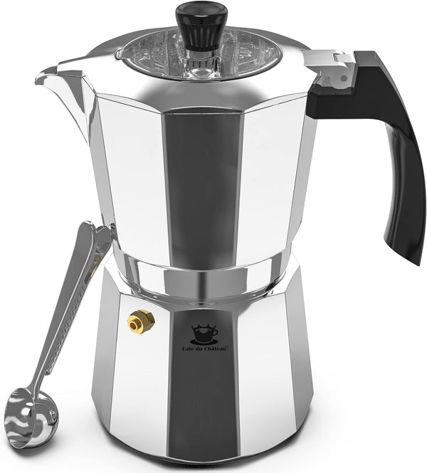 Cafe Du Chateau Espresso Maker (6 cup) Transparent Top Lid, High Gloss Finish, with Coffee Clip Spoon - Coffee Percolator, Camping Coffee Pot