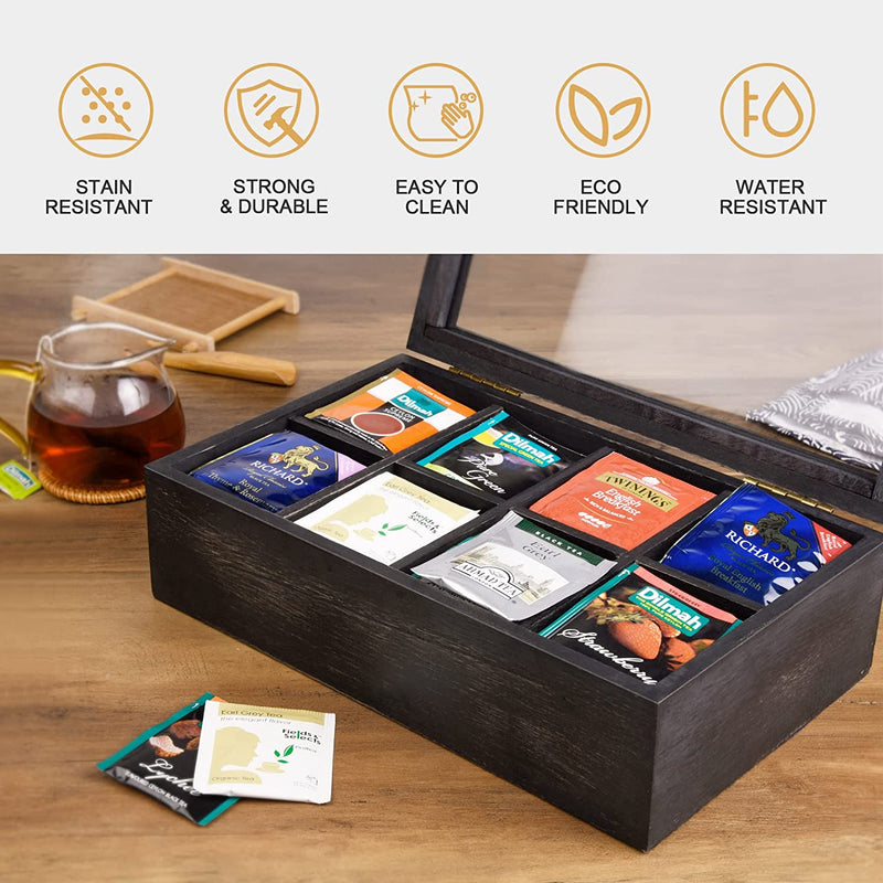 Alsonerbay Wooden Tea Box Tea Bag Holder Kitchen Storage Chest Box for Spice Pouches and Sugar Packets with 8 Compartments and Glass Window Weathered Black