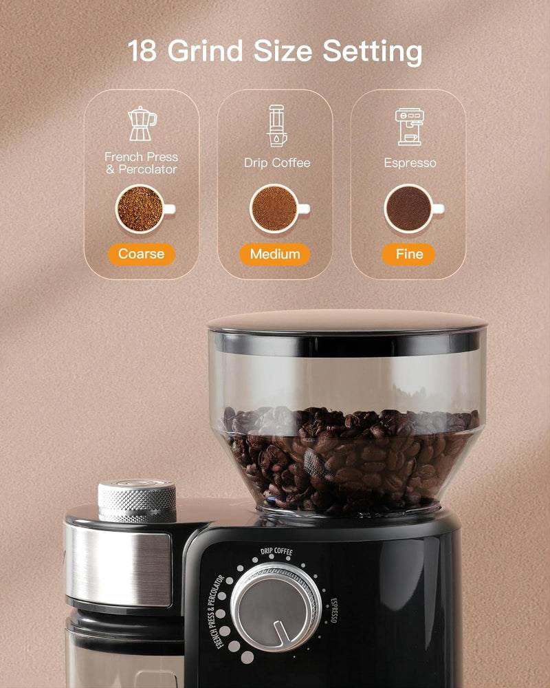 Electric Burr Coffee Grinder, Adjustable Burr Mill Coffee Bean Grinder with 18 Grind Settings, Burr Coffee Grinder for Espresso, Drip Coffee and French Press, Black