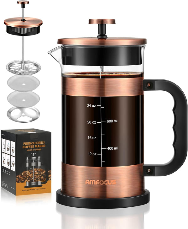 AMFOCUS French Press Coffee Maker, 34oz Glass, Heat-resistant Borosilicate, 4-Level Filters, Portable Cold Brew for Travel, Home Gift (Copper)