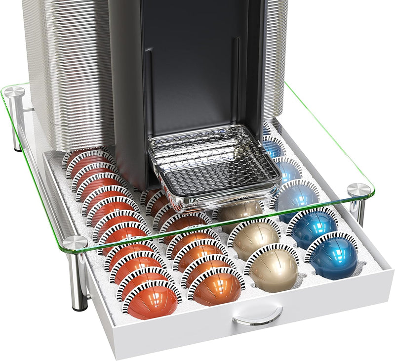 DecoBrothers Crystal Tempered Glass Vertuo Pod Holder Drawer, 24 Large or 48 Small Nespresso Capsule Organizer