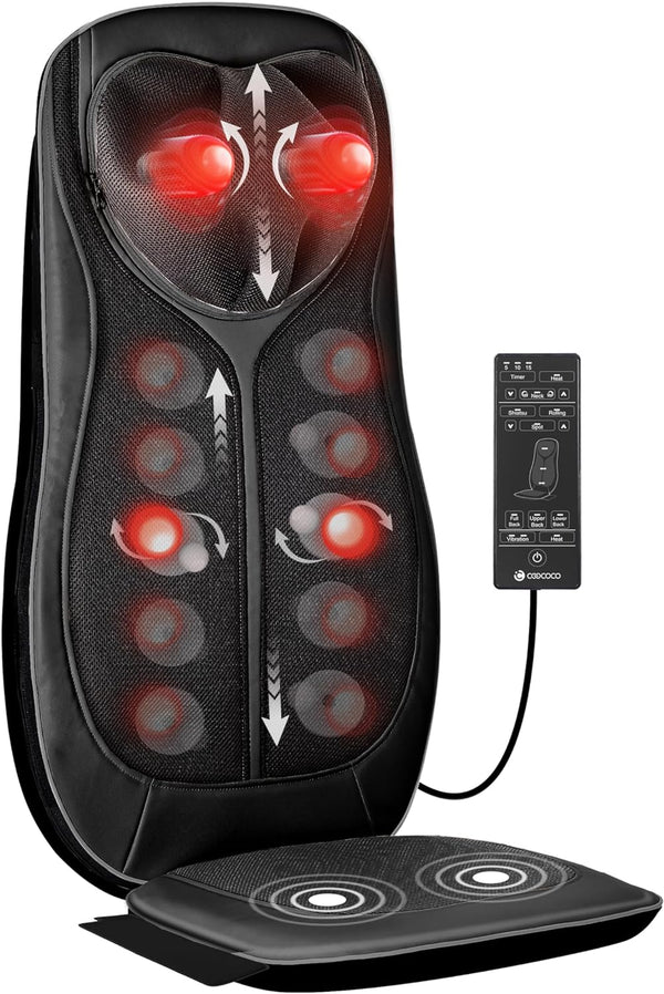 CooCoCo Shiatsu Neck & Back Massager with Heat - Kneading Massage Chair Pad for Full Body Pain Relief, Chair Massager with Height Adjustment, Gifts for Elder, Man or Woman
