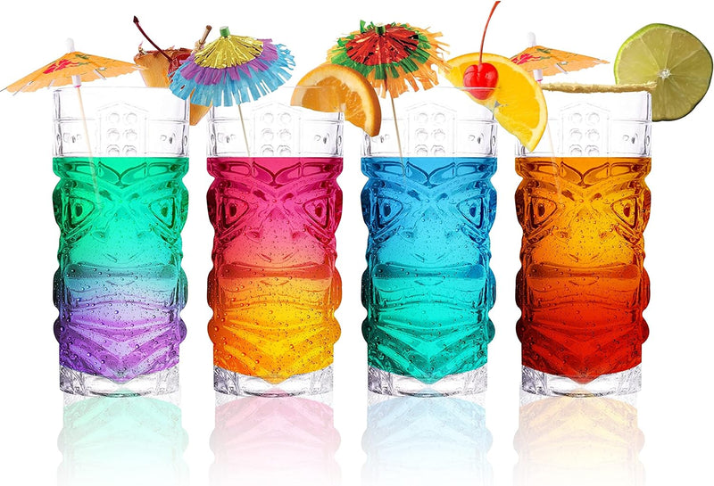 Clear Tiki Glasses, Set of 4 - 450 ML - Perfect for Exotic Cocktails, Lemonade, Ice Tea, Mixed Drinks- Exotic Zombie, Rum, Mai Tai, Pina Colada, Punch, Hurricane, Bar Drinkware