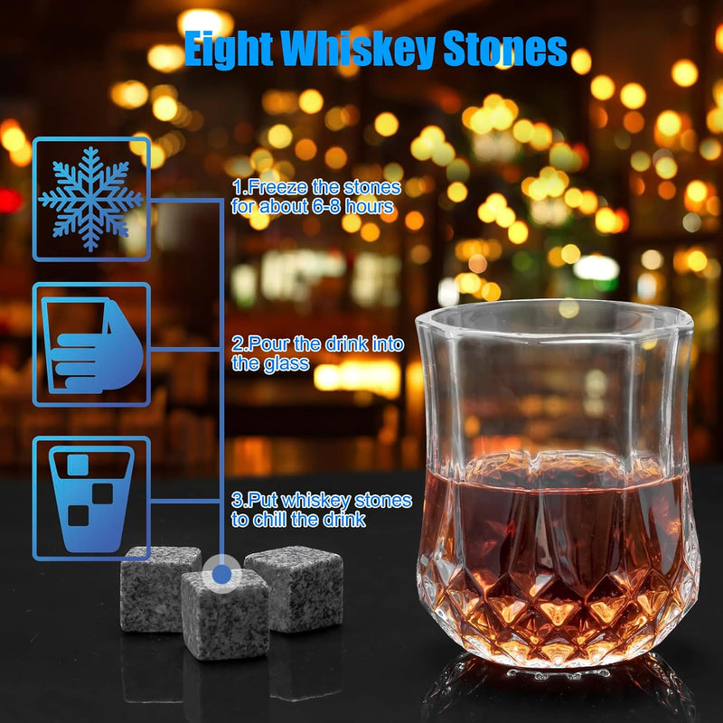 Whiskey Stones Gifts for Men, Anniversary Birthday Gifts White Elephant Gifts for Adults Men Him Dad Husband, Whiskey Glasses Set of 2 w/ 8 Chilling Rocks, Bourbon Gifts Wooden Box