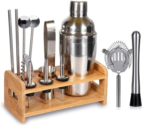 Cocktail Shaker Set with Stand, 15 Piece Bartender Kit Home Bar Accessories - Martini Shaker with Built-in Strainer, Muddler, Jigger, Drink Shaker 304 Stainless Steel, House Warming Gitfs New Home