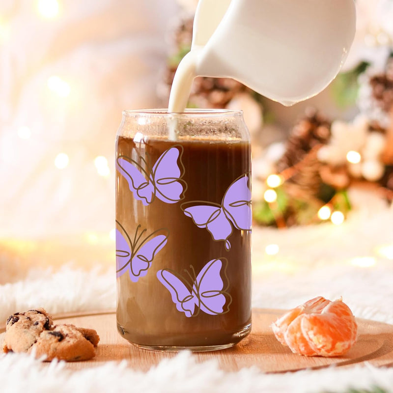 GSPY Butterfly Iced Coffee Cup, Cute Glass Cups with Lids and Straws - Butterfly Gifts for Women, Girls - Christmas Gifts for Friend, Cute Mugs Aesthetic Coffee Cup, 16oz Butterfly Mug Tumbler