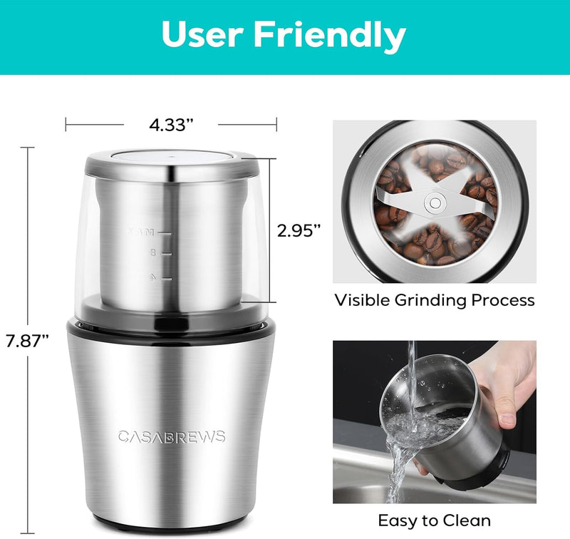 CASABREWS Coffee Grinder Electric, Espresso and Spice Grinder with Removable Stainless Steel Bowl, One Touch Operation Coffee Bean Grinder for Beans, Spices, Herbs, Nuts, Grains and More, Silver