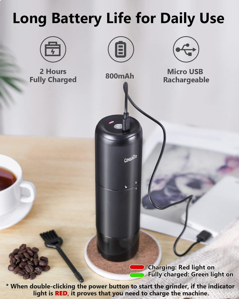 Portable Electric Burr Coffee Grinder: CONQUECO Small Coffee Bean Grinding Machine - Rechargeable Stainless Conical Burr Grinders with Multiple Grind Settings, 20g (with Brush)