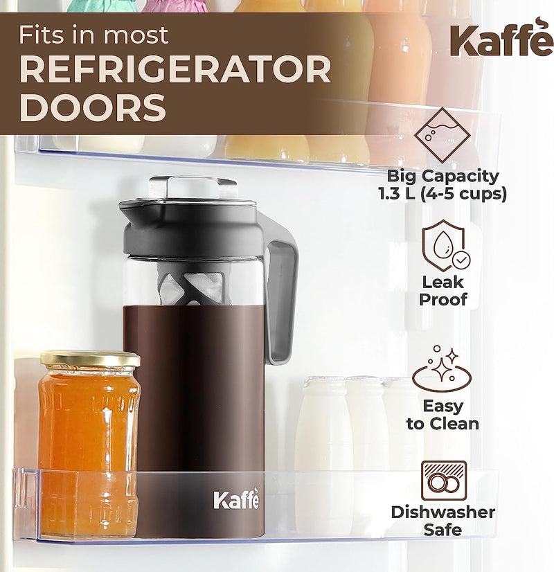 Kaffe Cold Brew Coffee Maker, Iced Coffee Pitcher. Easy Clean, Double-Wall Tritan Glass (1.3L / 44oz)