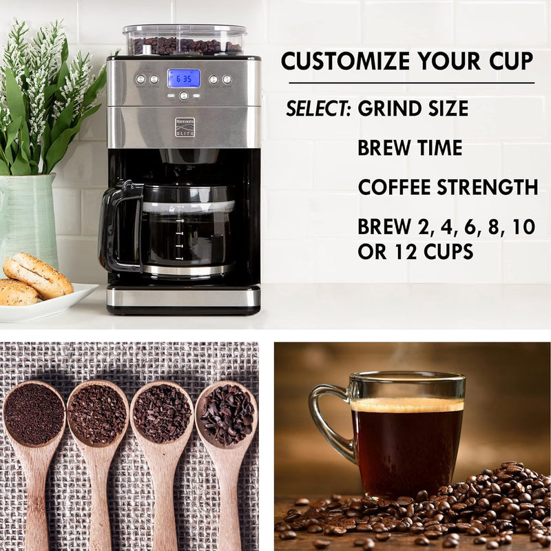 Kenmore Elite Grind and Brew Coffee Maker w/ Burr Grinder, 12 Cup Programmable Automatic Timer Brew Coffee Machine, Air-Tight Bean Hopper, Grind Size and Brew Strength Selectors, Stainless Steel