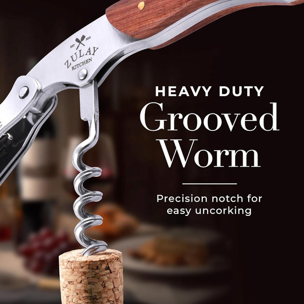 Zulay Wine Opener - Professional Corkscrew Wine Opener with Foil Cutter & Cap Remover - Double Hinged Wine Bottle Opener - Manual Wine Key for Servers, Waiters, Bartenders & Home Use - Rosewood