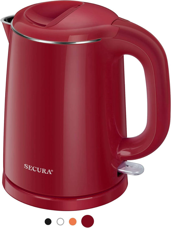Secura Stainless Steel Double Wall Electric Kettle Water Heater for Tea Coffee w/Auto Shut-Off and Boil-Dry Protection, 1.0L (Red)