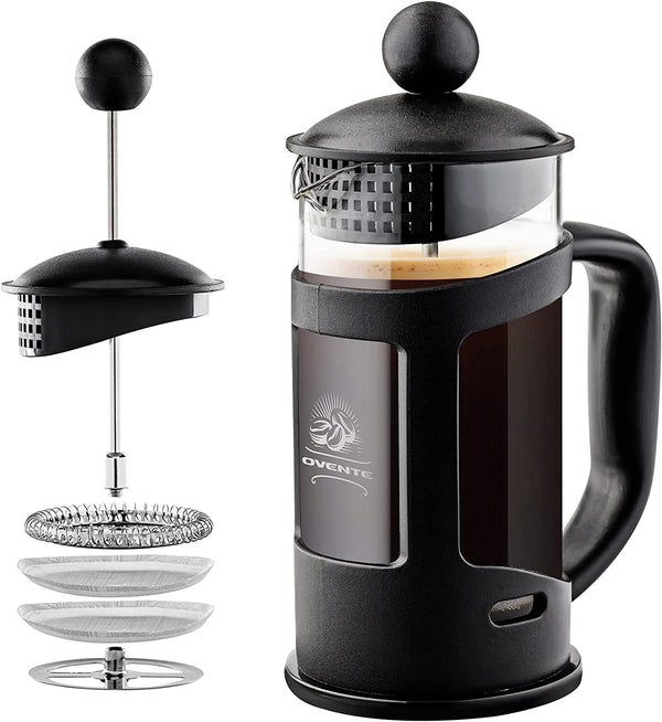 OVENTE 12 Ounce French Press Coffee, Tea and Espresso Maker, Heat Resistant Borosilicate Glass with 4 Filter Stainless-Steel System, BPA-Free Portable Pitcher Perfect for Hot & Cold Brew, Black FPT12B