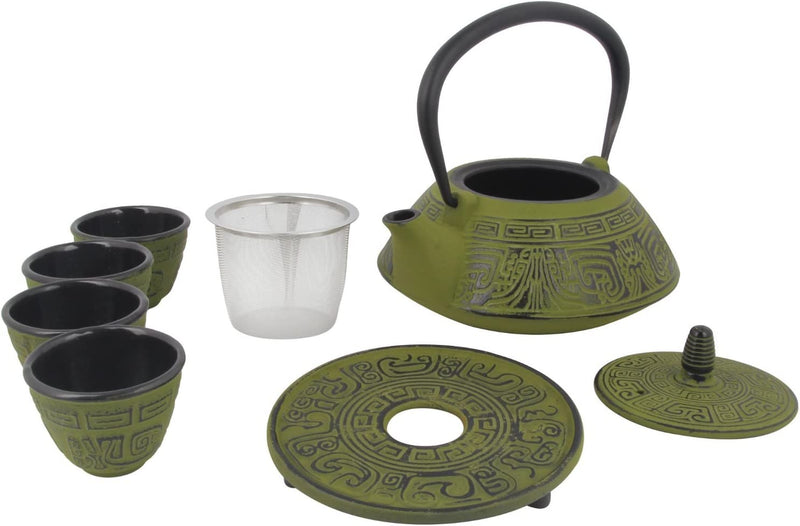 26 oz Japanese Cast Iron Pot Tea Set - Teapot with Infuser and Trivet for Loose Tea Adults, Green