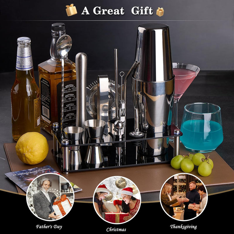 Cocktail Shaker Set Bartender Kit : 15-Piece Bar Tool Set with Acrylic Stand Bar Set with All Practical Bar Accessories, for Drink Mixing, Bar, Home, Lounge & Party, Silver