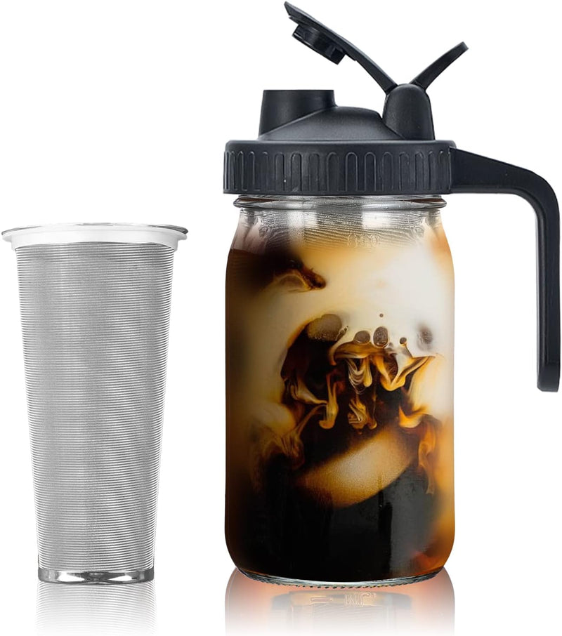 Cold Brew Mason Coffee Maker - 64oz Iced Coffee Pitcher with Stainless Steel Mixing Spoon & Super Dense Filter 3 Steps Finish Cold Brew Coffee, Classic BPA Free Sturdy Mason jar Pitcher with Black Lid Easy to Clean