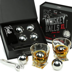 Gifts for Men Dad Husband Christmas- 4 XL Stainless Steel Whisky Ice Balls, Special Tongs & Freezer Pouch in Luxury Gift Box for Whiskey Lovers!
