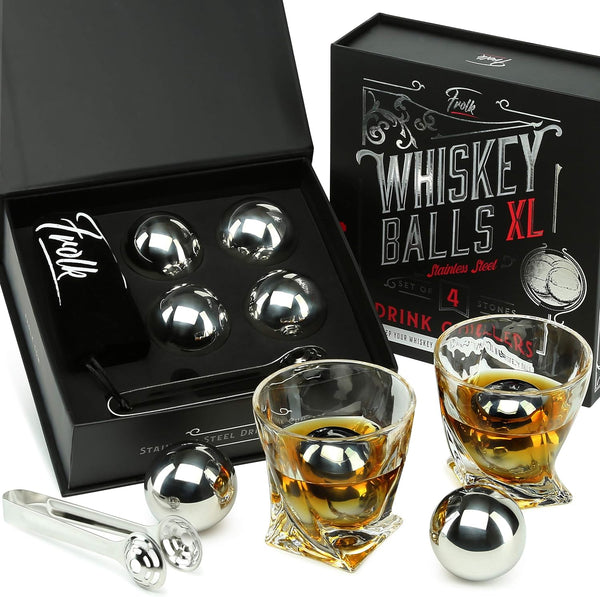 Gifts for Men Dad Husband Christmas- 4 XL Stainless Steel Whisky Ice Balls, Special Tongs & Freezer Pouch in Luxury Gift Box for Whiskey Lovers!