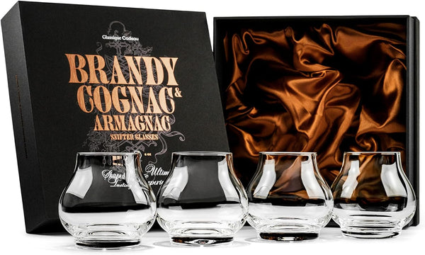 Small 8 oz Brandy, Cognac and Armagnac Tasting Glasses | Set of 4 | Professional Balloon Shaped Snifters for Nosing and Sipping Neat Liquor and Spirits | Crystal Stemless Gift Sniffers