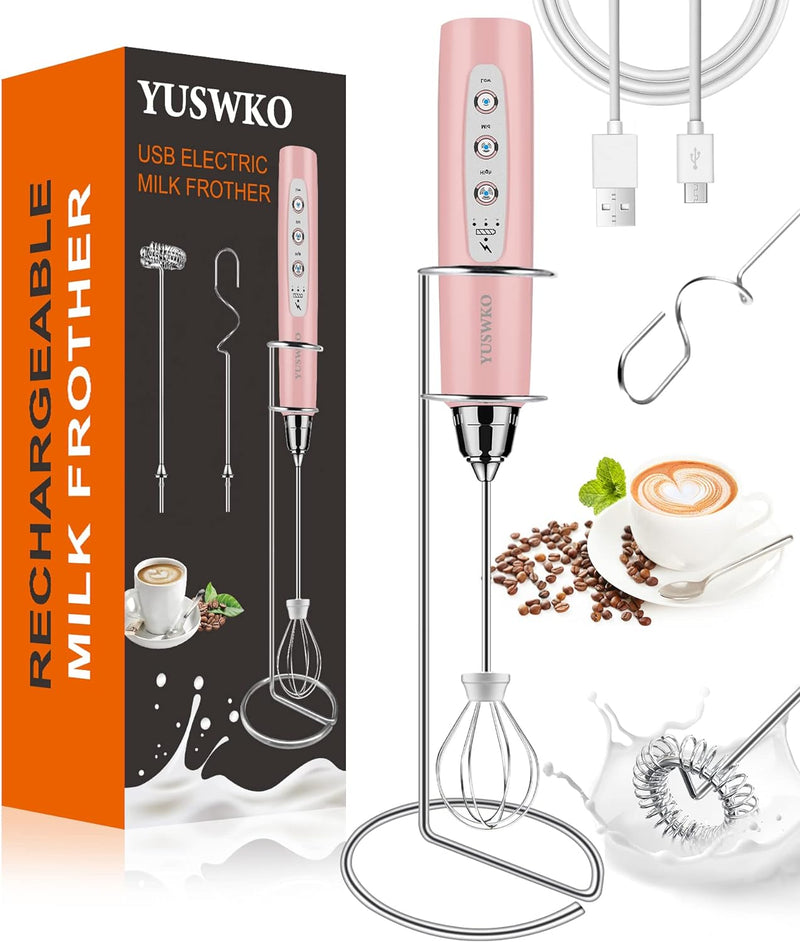 YUSWKO Milk Frother Handheld with 3 Heads, Electric Whisk Drink Foam Mixer with USB Rechargeable 3 Speeds, Mini Frother for Coffee Latte, Cappuccino, Hot Chocolate, Egg - Black