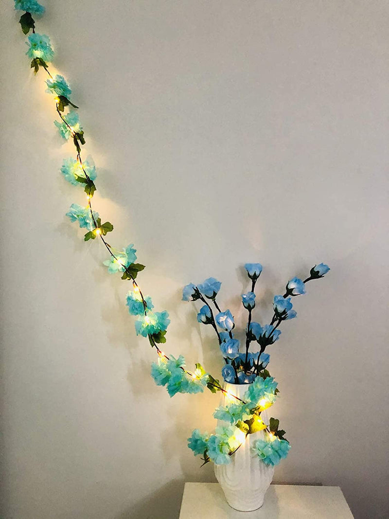 Artificial Cherry Blossoms String Lights Hanging Hydrangea Vines Plant Garland Silk Flower Fairy Light Battery Powered for Home Garden Wedding Party Decor (Blue, 2M/20 Led)