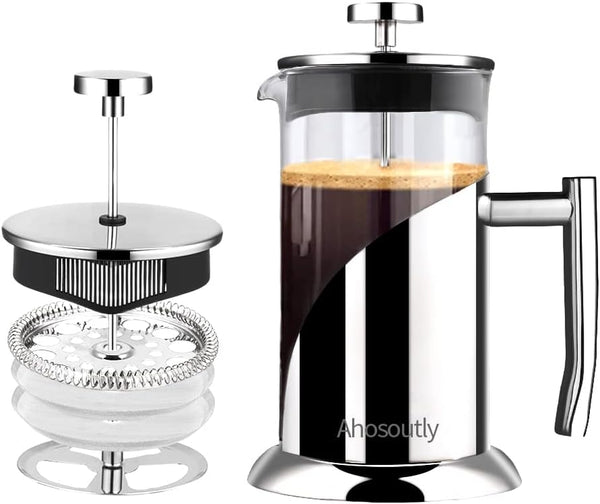French Press Coffee Maker,304 Stainless Steel French Press Espresso with 4 Level Filter,Stainless Steel Plunger and Cold Brew Heat Resistant Borosilicate Glass,34 Ounce