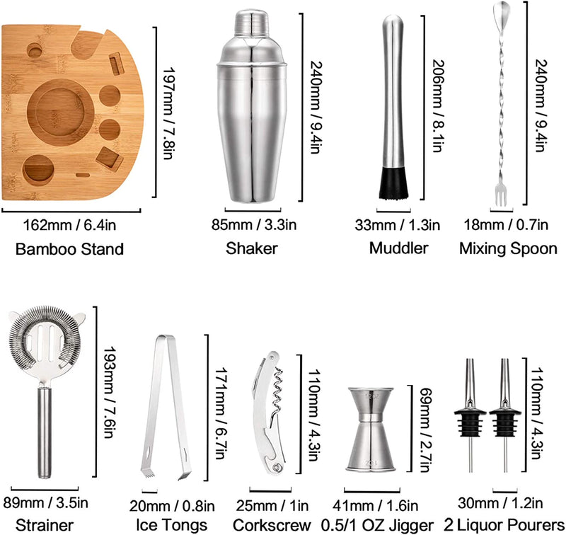 Cocktail Shaker Set with Stand | Perfect Bartender Kit for Home and Bar-Bar Tools Set: 24oz Martini Shaker, Muddler, Jigger, Strainer, Mixer Spoon, Tongs, Corkscrew, 2 Liquor Pourers, Recipes Cards